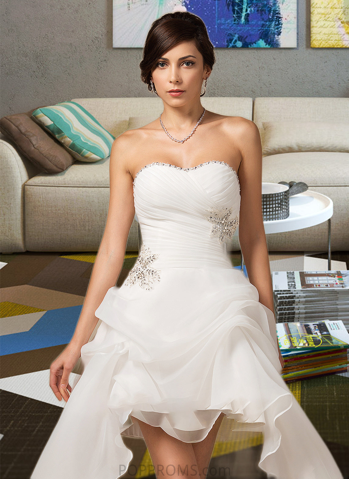 Marilyn A-Line Sweetheart Asymmetrical Organza Wedding Dress With Ruffle Beading Sequins PP6P0013733