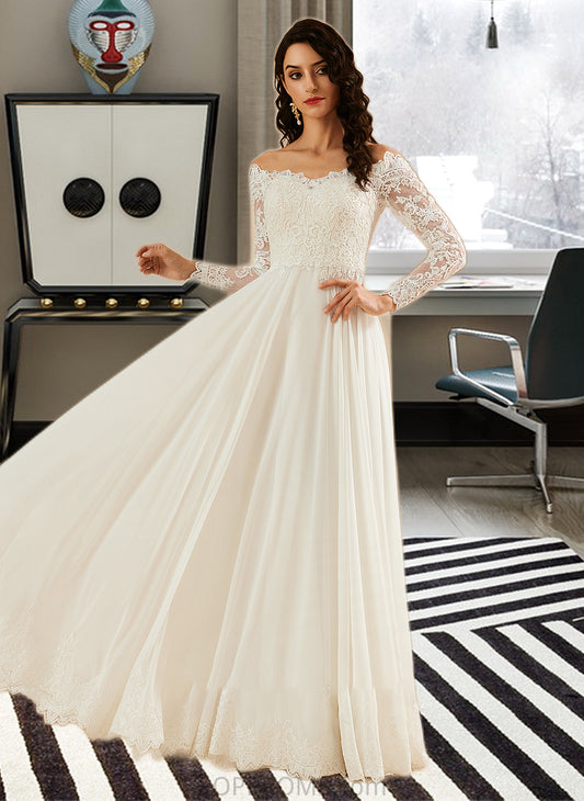 Adison A-Line Off-the-Shoulder Sweep Train Wedding Dress With Lace PP6P0013734