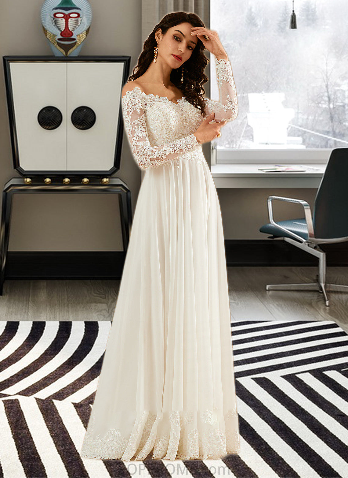 Adison A-Line Off-the-Shoulder Sweep Train Wedding Dress With Lace PP6P0013734