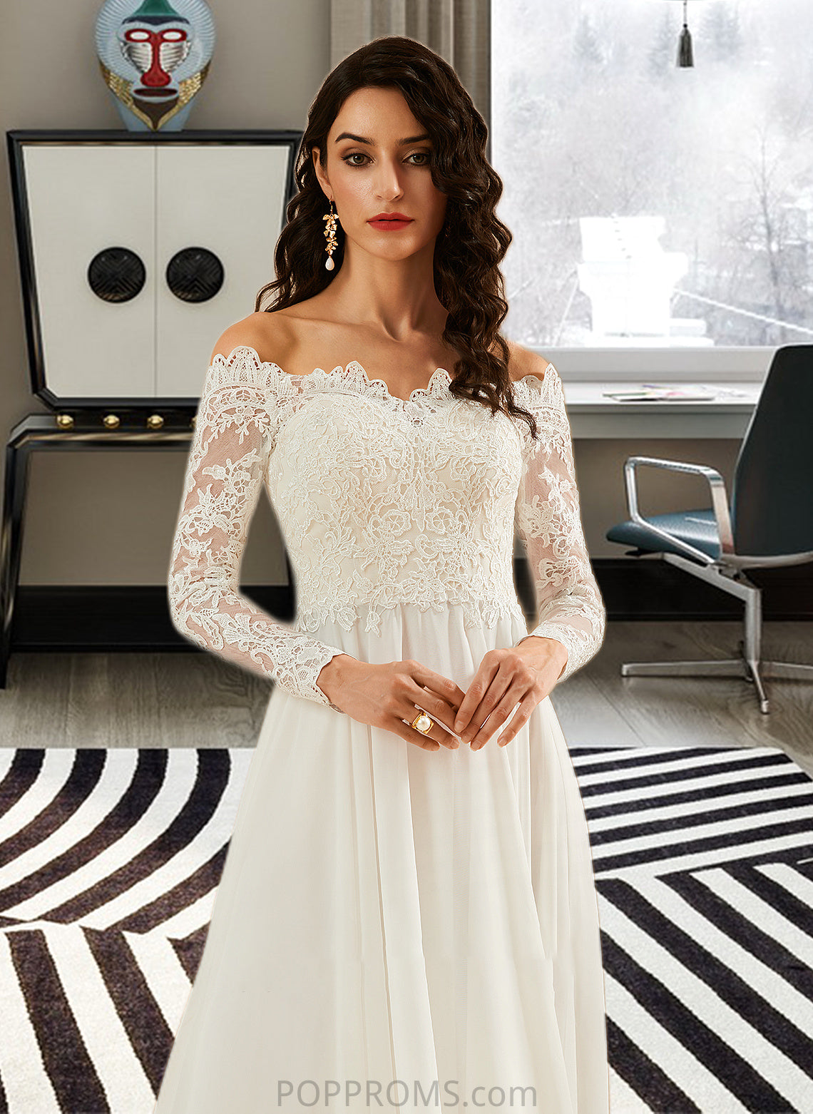 Adison A-Line Off-the-Shoulder Sweep Train Wedding Dress With Lace PP6P0013734