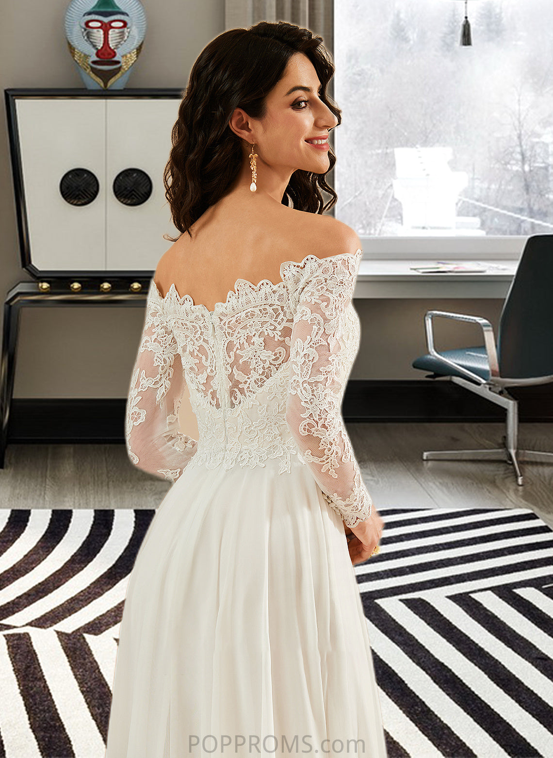 Adison A-Line Off-the-Shoulder Sweep Train Wedding Dress With Lace PP6P0013734