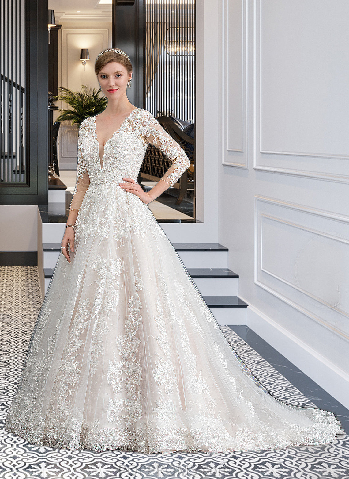 Frida Ball-Gown/Princess V-neck Chapel Train Tulle Wedding Dress PP6P0013735