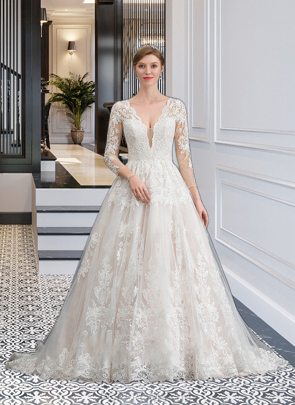 Frida Ball-Gown/Princess V-neck Chapel Train Tulle Wedding Dress PP6P0013735