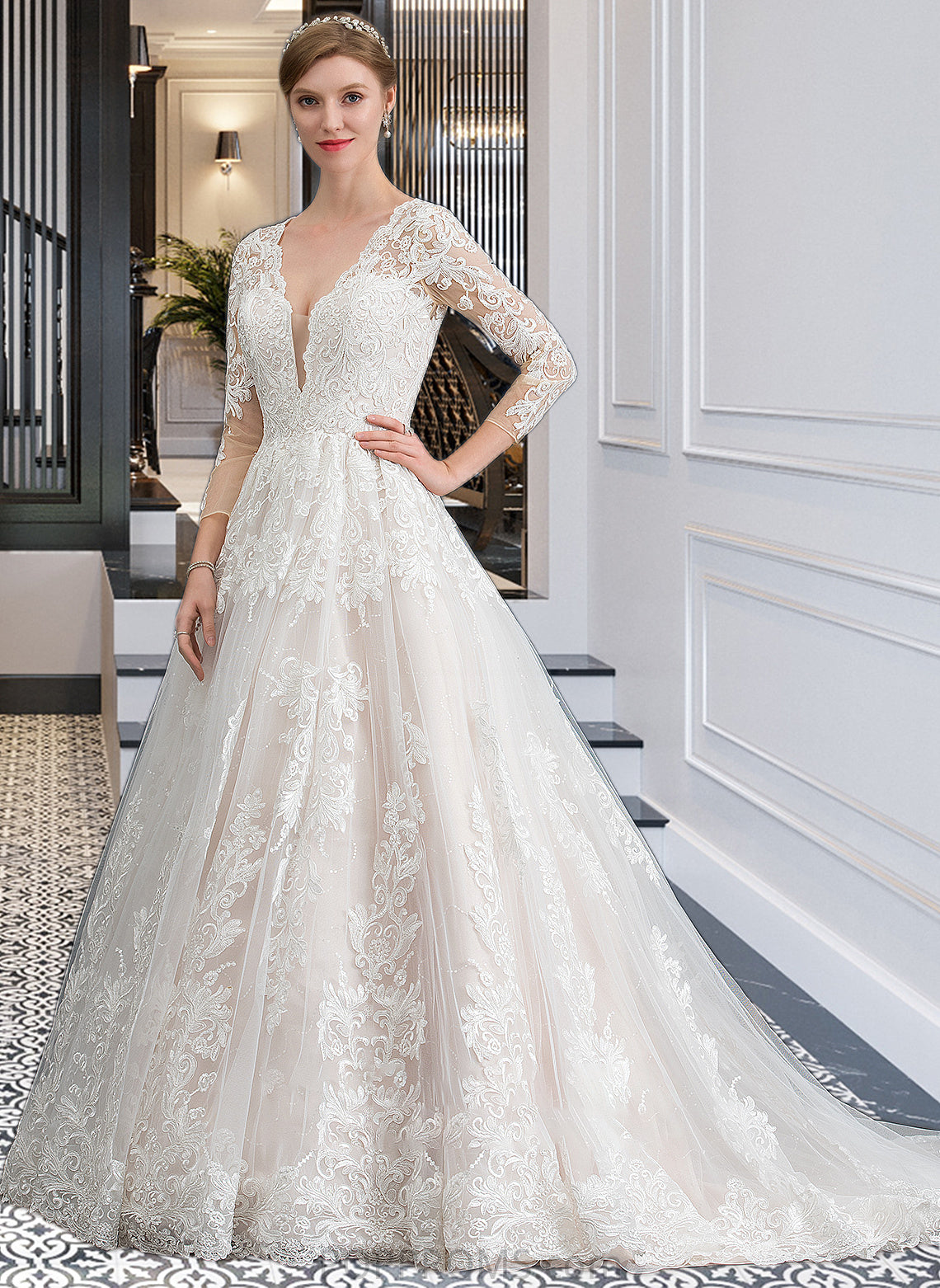 Frida Ball-Gown/Princess V-neck Chapel Train Tulle Wedding Dress PP6P0013735