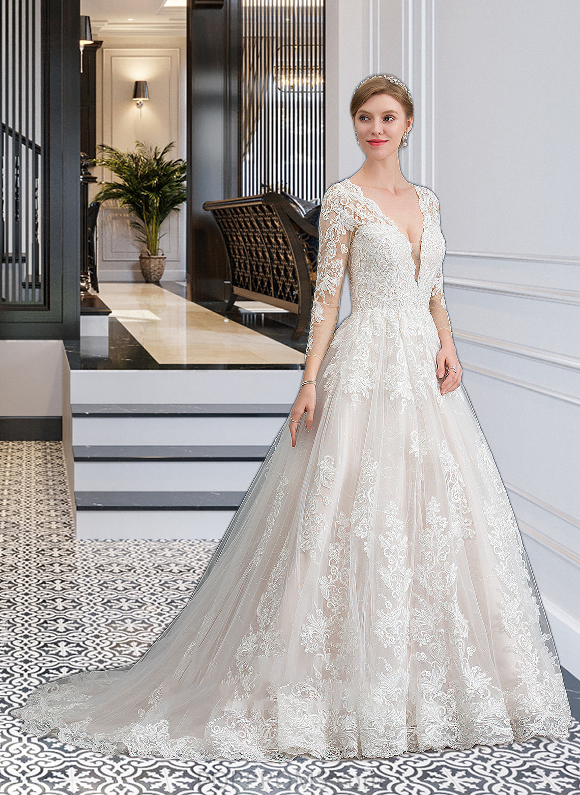 Frida Ball-Gown/Princess V-neck Chapel Train Tulle Wedding Dress PP6P0013735