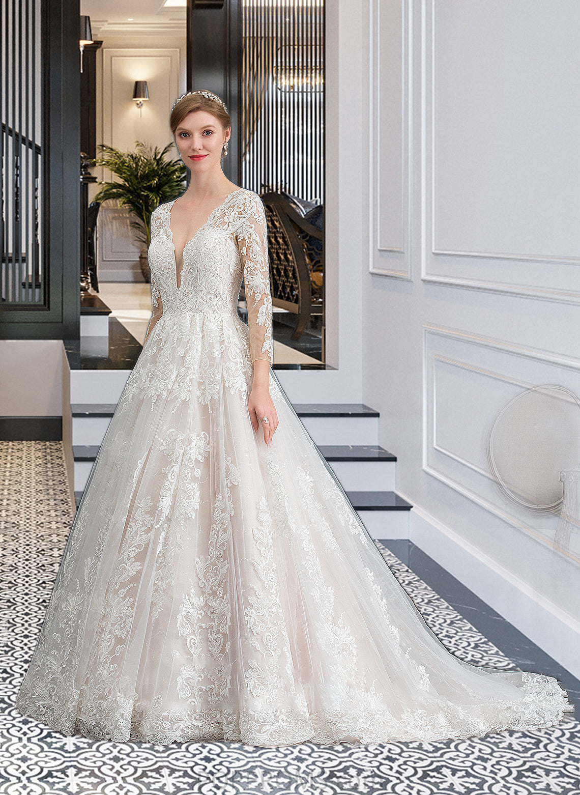 Frida Ball-Gown/Princess V-neck Chapel Train Tulle Wedding Dress PP6P0013735