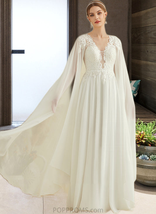 Jaqueline A-Line V-neck Floor-Length Chiffon Lace Wedding Dress With Sequins PP6P0013736