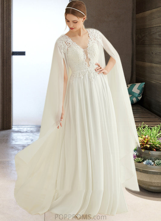 Jaqueline A-Line V-neck Floor-Length Chiffon Lace Wedding Dress With Sequins PP6P0013736