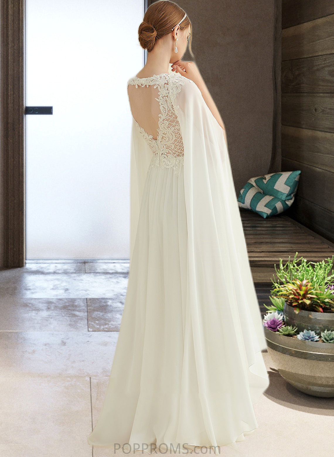 Jaqueline A-Line V-neck Floor-Length Chiffon Lace Wedding Dress With Sequins PP6P0013736