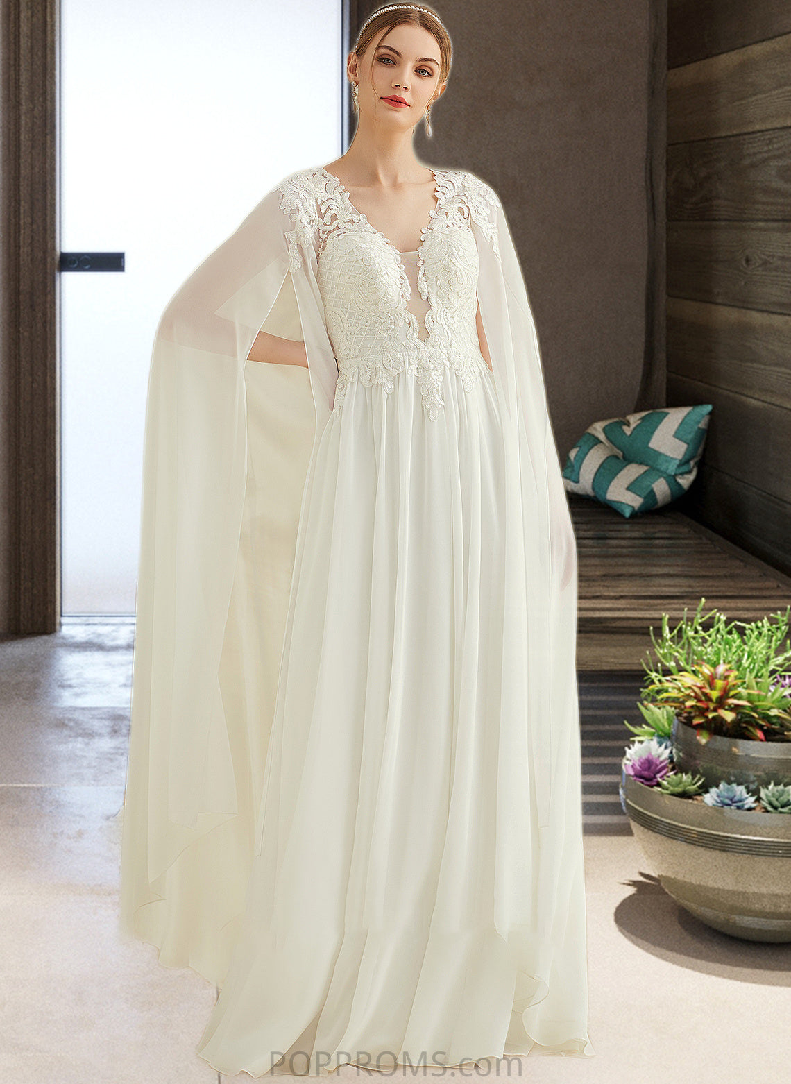 Jaqueline A-Line V-neck Floor-Length Chiffon Lace Wedding Dress With Sequins PP6P0013736