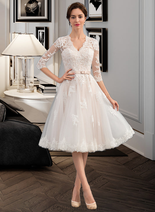 Luna A-Line V-neck Knee-Length Tulle Wedding Dress With Bow(s) PP6P0013737