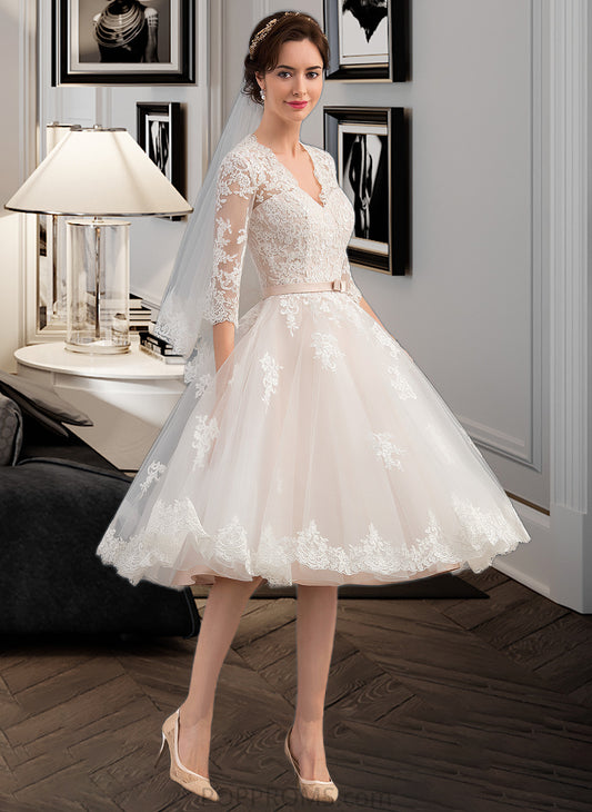 Luna A-Line V-neck Knee-Length Tulle Wedding Dress With Bow(s) PP6P0013737