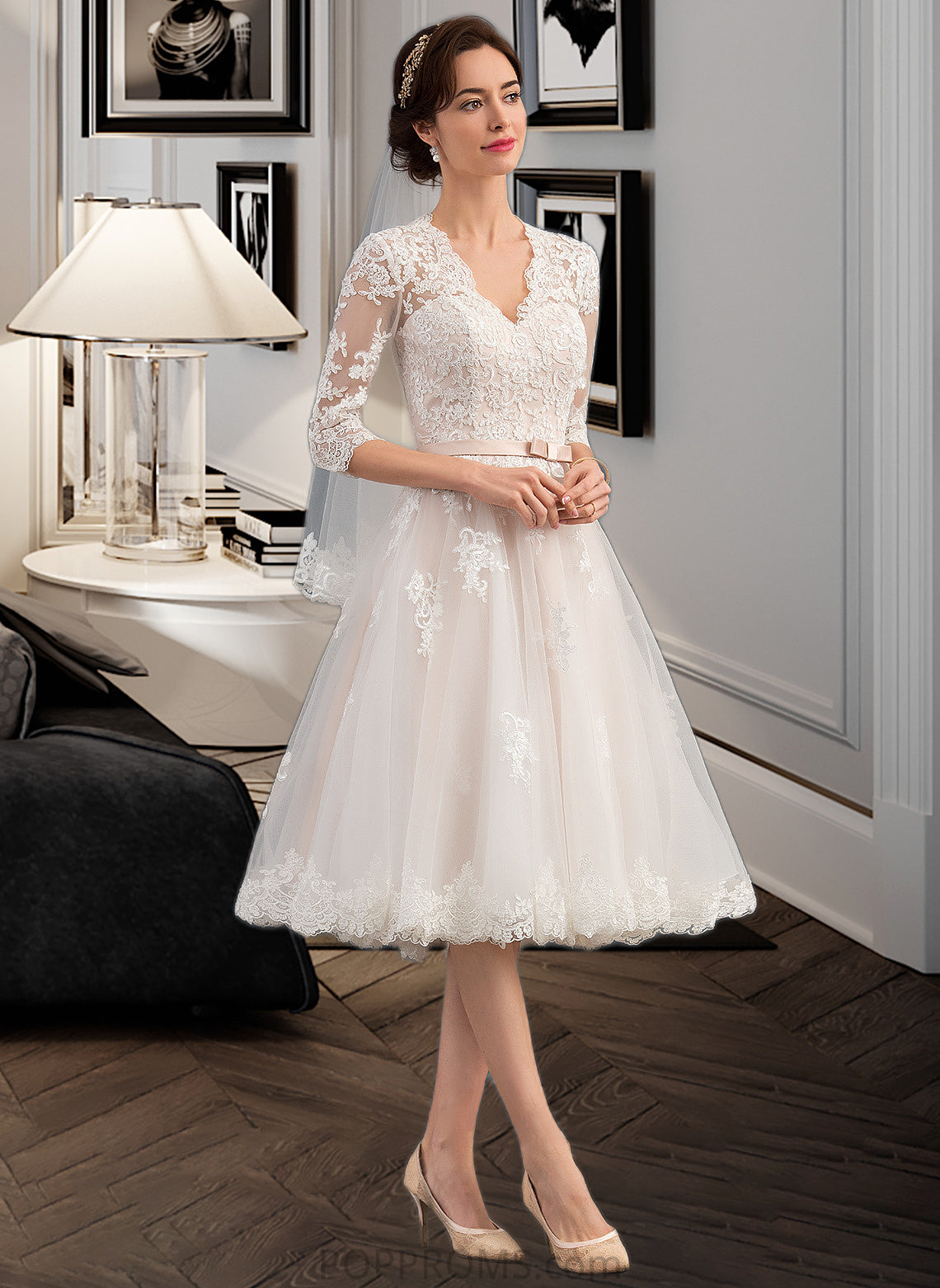 Luna A-Line V-neck Knee-Length Tulle Wedding Dress With Bow(s) PP6P0013737