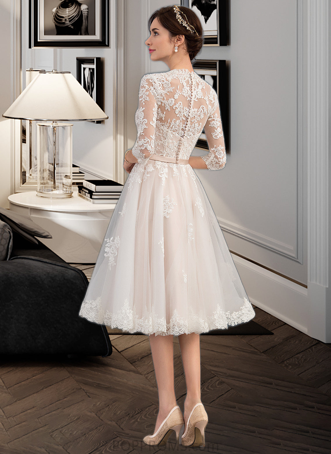 Luna A-Line V-neck Knee-Length Tulle Wedding Dress With Bow(s) PP6P0013737