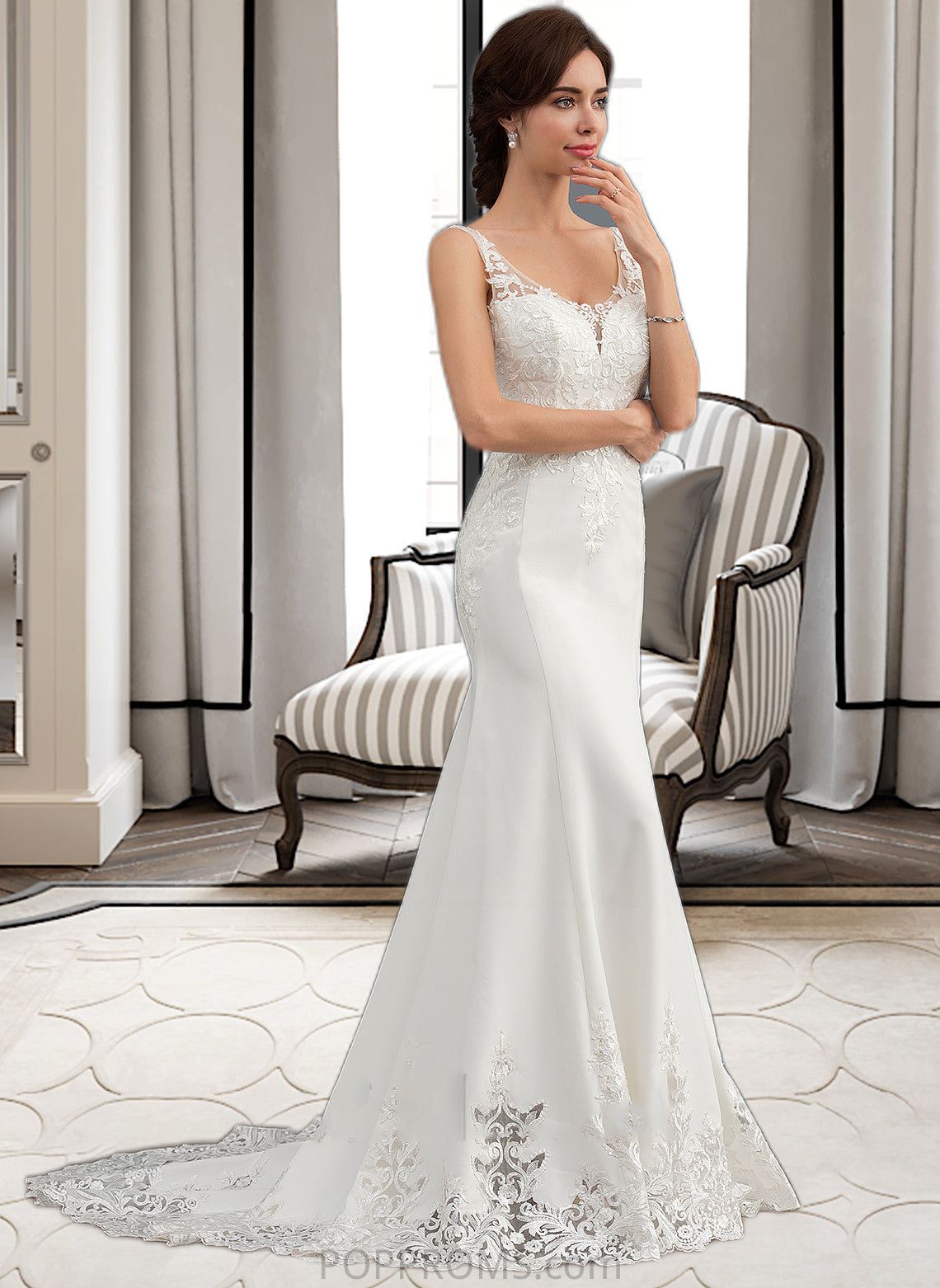 Stacy Trumpet/Mermaid V-neck Court Train Lace Stretch Crepe Wedding Dress With Sequins PP6P0013738