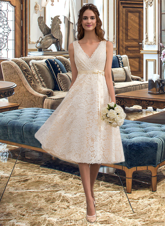 Maisie A-Line V-neck Knee-Length Lace Wedding Dress With Bow(s) PP6P0013739