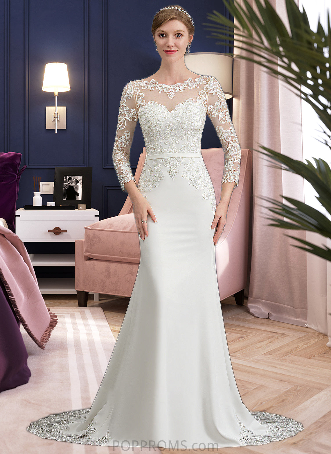 Giuliana Trumpet/Mermaid Illusion Chapel Train Stretch Crepe Wedding Dress With Lace PP6P0013740