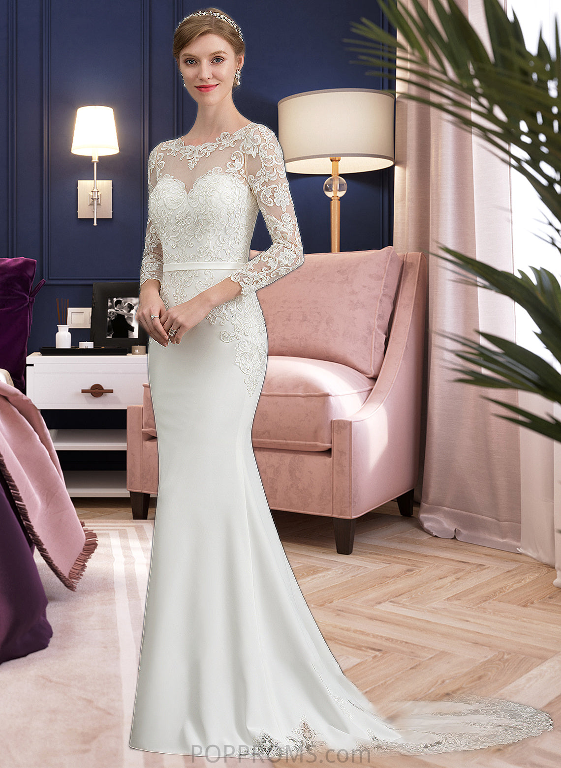 Giuliana Trumpet/Mermaid Illusion Chapel Train Stretch Crepe Wedding Dress With Lace PP6P0013740