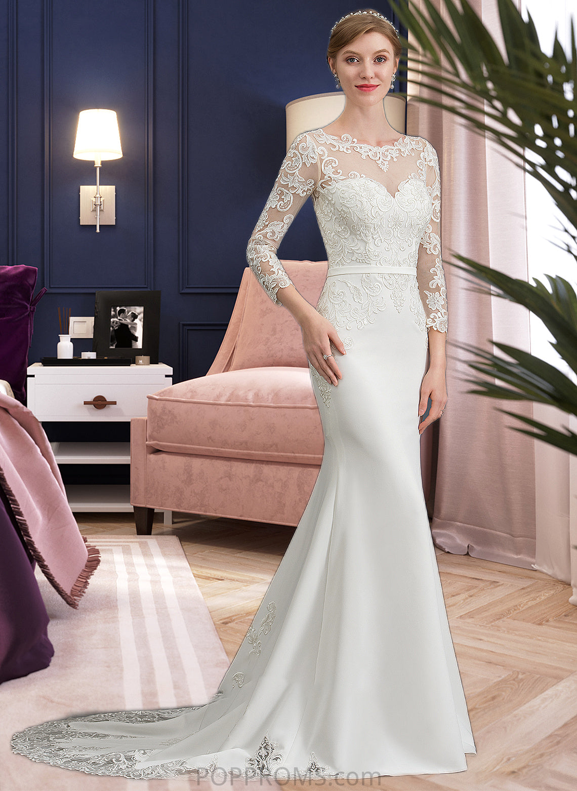 Giuliana Trumpet/Mermaid Illusion Chapel Train Stretch Crepe Wedding Dress With Lace PP6P0013740