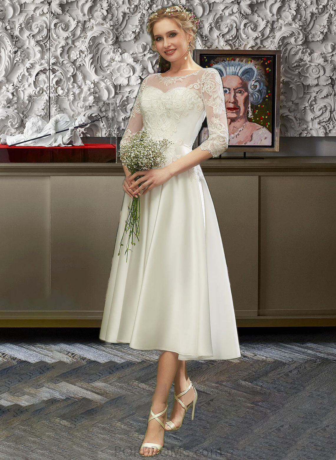 Phoebe A-Line Illusion Tea-Length Wedding Dress With Lace PP6P0013741