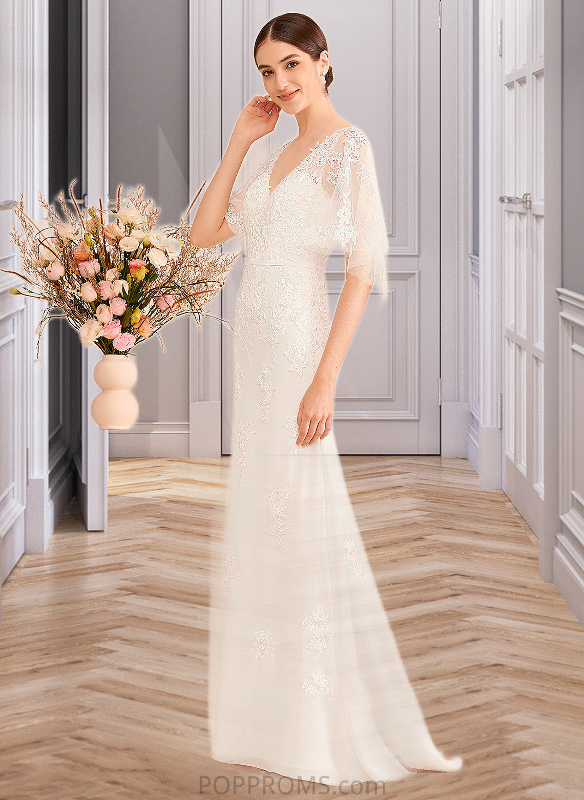 Ximena Trumpet/Mermaid V-neck Court Train Wedding Dress With Sash PP6P0013744