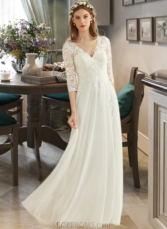 Viviana A-Line V-neck Floor-Length Chiffon Lace Wedding Dress PP6P0013745