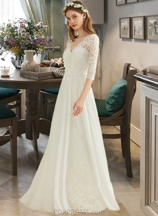 Viviana A-Line V-neck Floor-Length Chiffon Lace Wedding Dress PP6P0013745