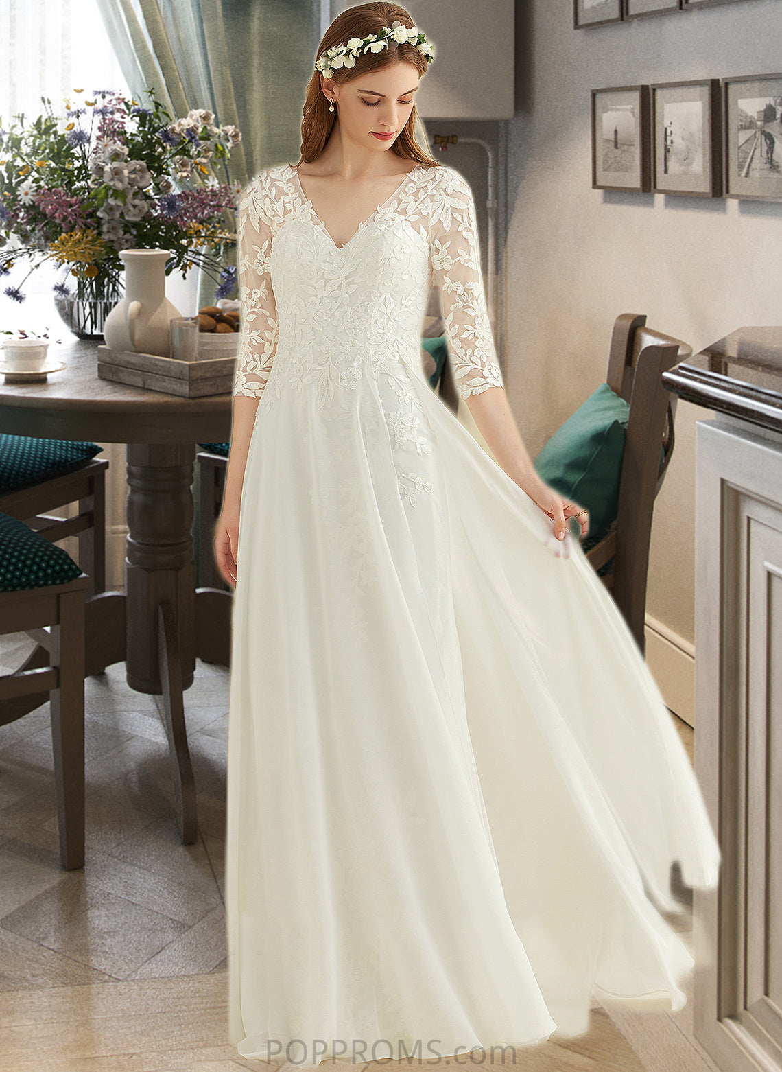 Viviana A-Line V-neck Floor-Length Chiffon Lace Wedding Dress PP6P0013745