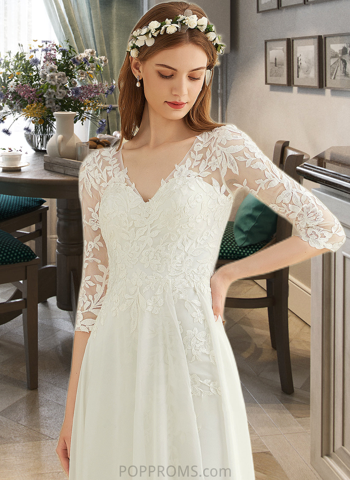 Viviana A-Line V-neck Floor-Length Chiffon Lace Wedding Dress PP6P0013745