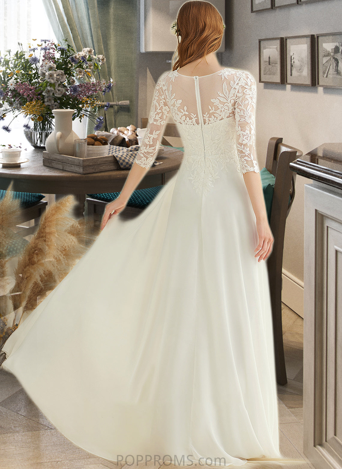 Viviana A-Line V-neck Floor-Length Chiffon Lace Wedding Dress PP6P0013745