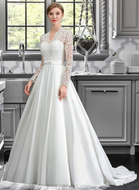 Maddison Ball-Gown/Princess V-neck Court Train Satin Wedding Dress With Bow(s) PP6P0013746