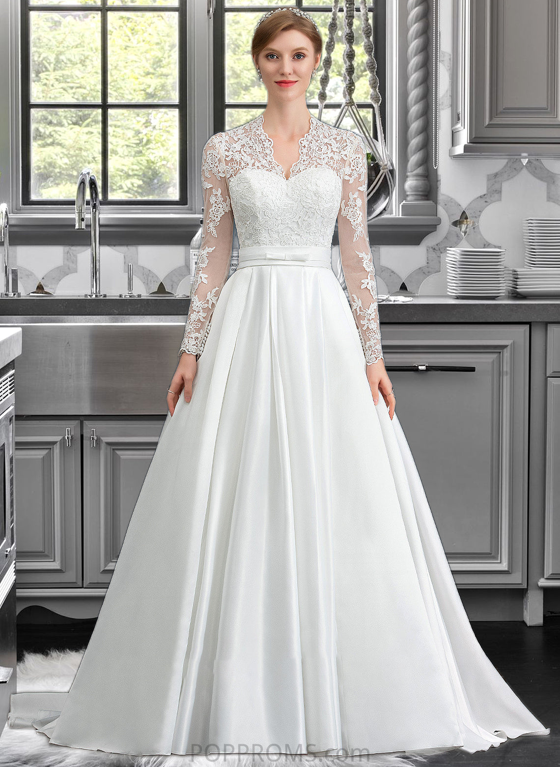 Maddison Ball-Gown/Princess V-neck Court Train Satin Wedding Dress With Bow(s) PP6P0013746