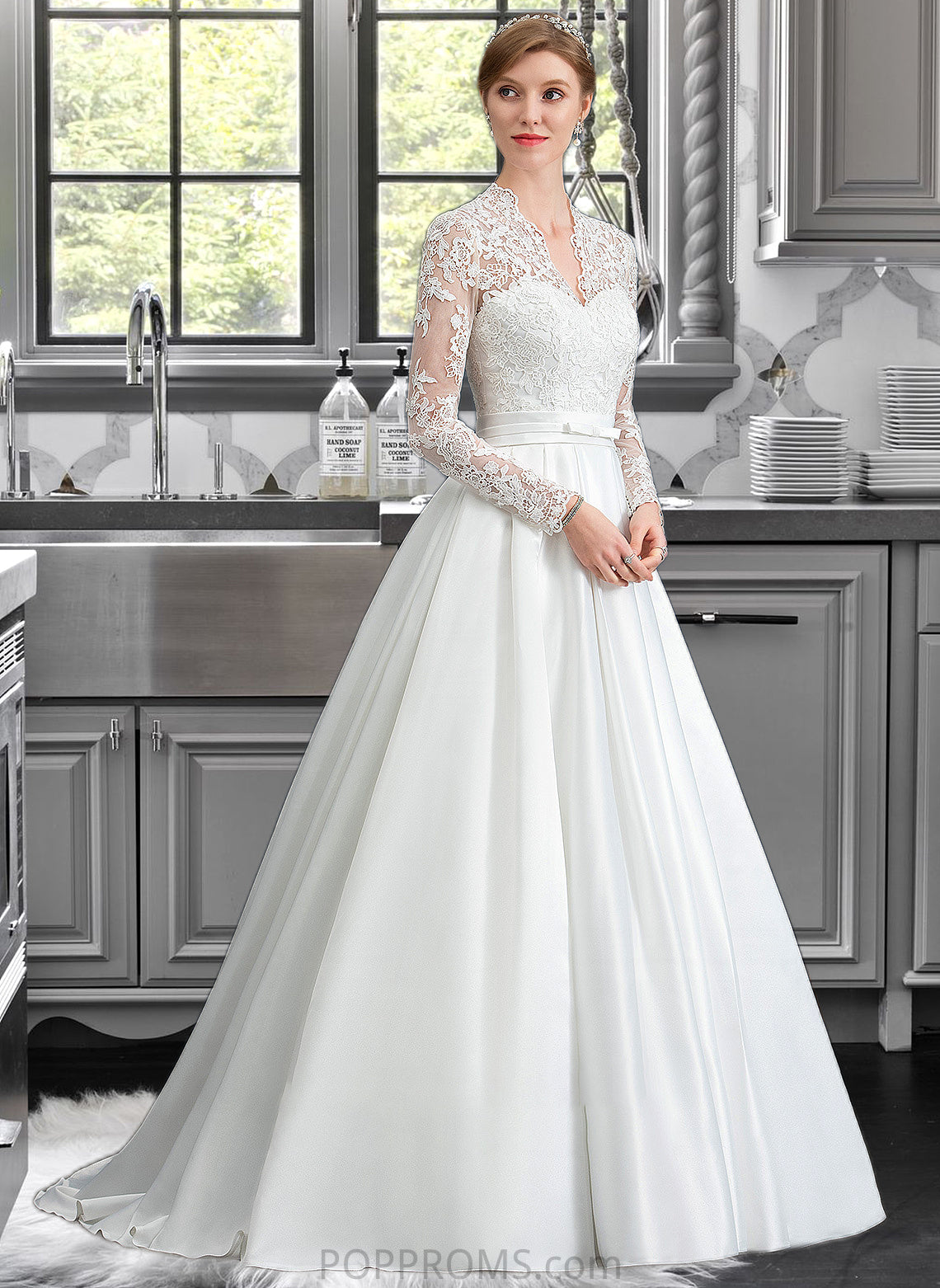 Maddison Ball-Gown/Princess V-neck Court Train Satin Wedding Dress With Bow(s) PP6P0013746