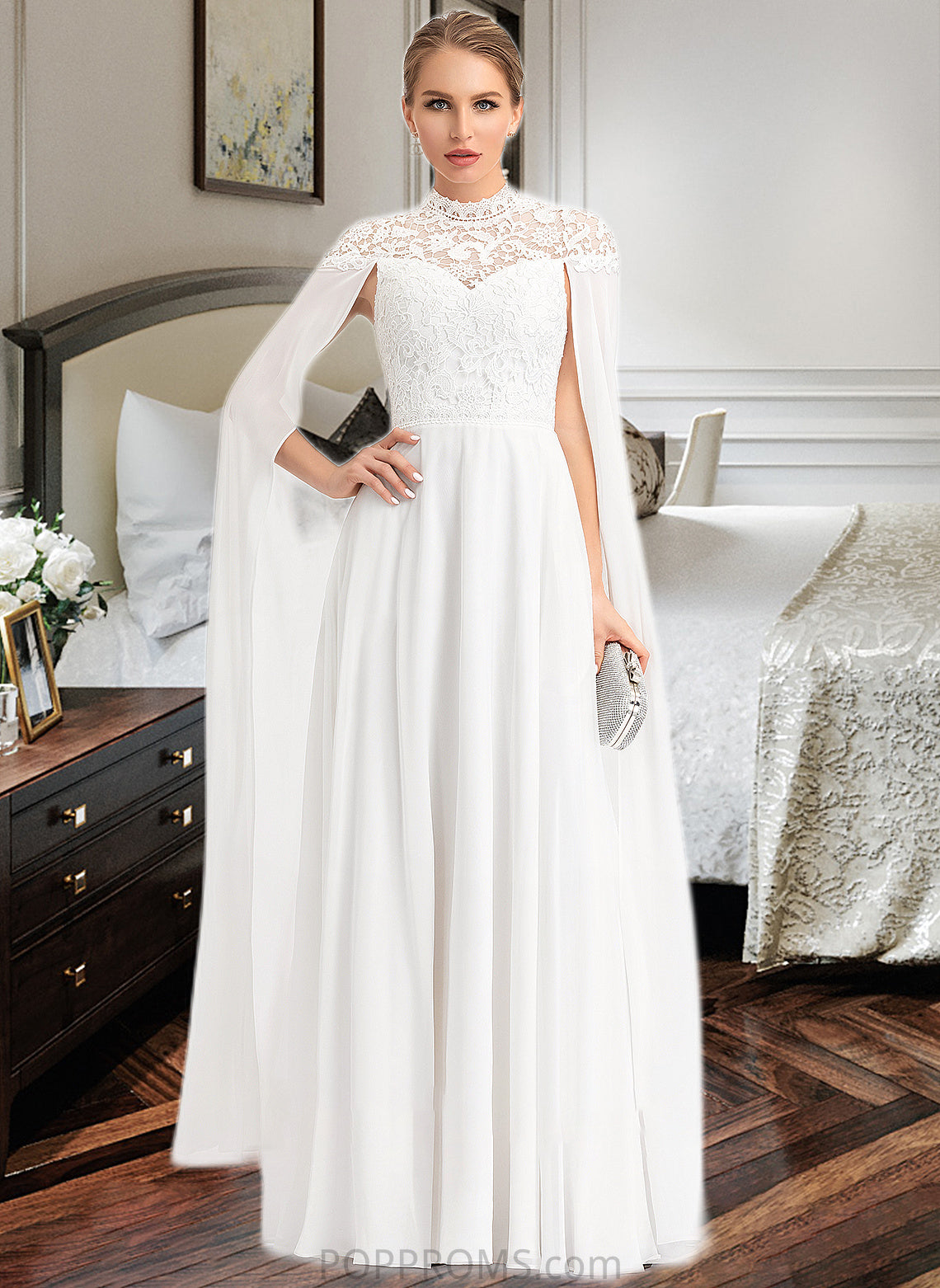 Trinity A-Line High Neck Floor-Length Chiffon Wedding Dress PP6P0013748