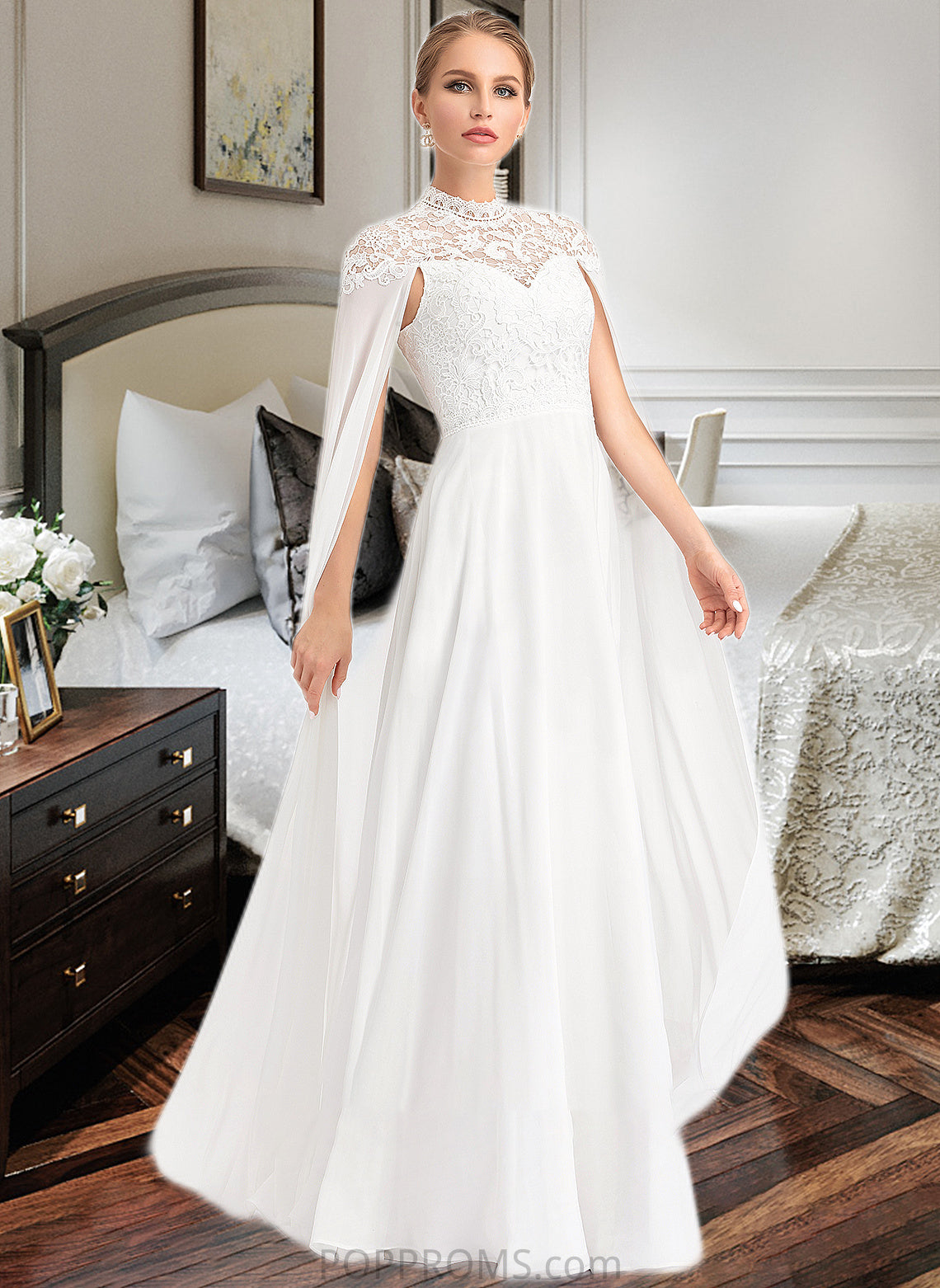 Trinity A-Line High Neck Floor-Length Chiffon Wedding Dress PP6P0013748