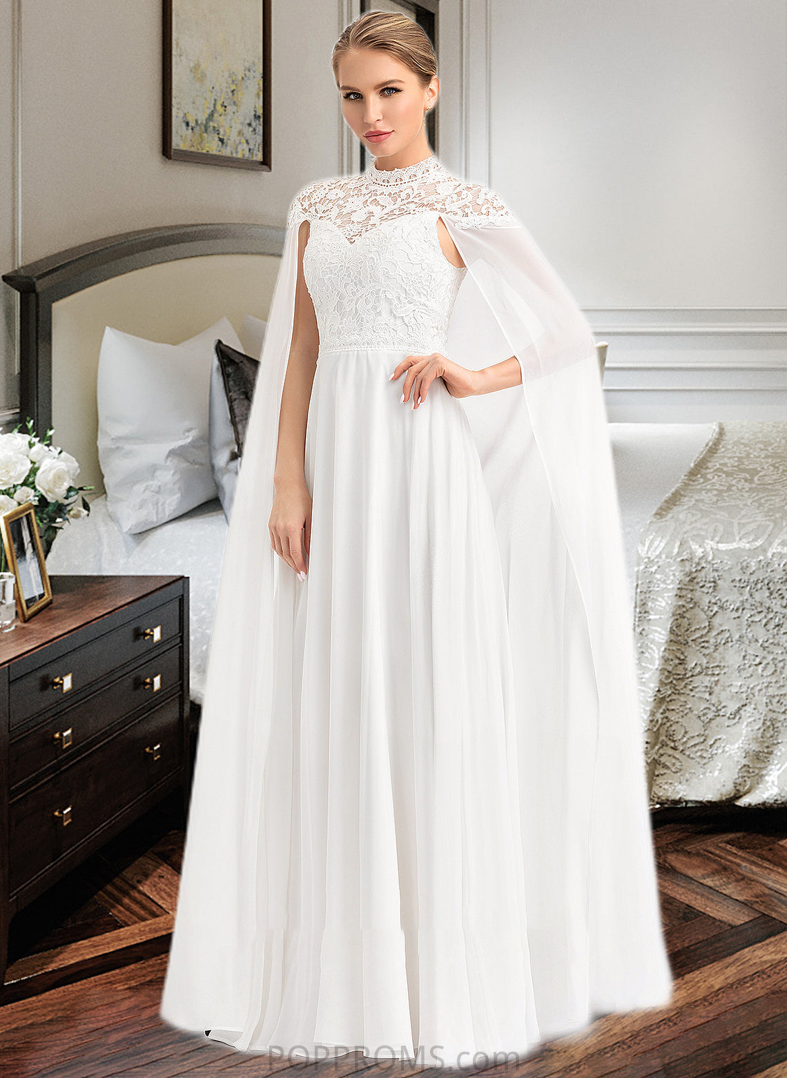 Trinity A-Line High Neck Floor-Length Chiffon Wedding Dress PP6P0013748