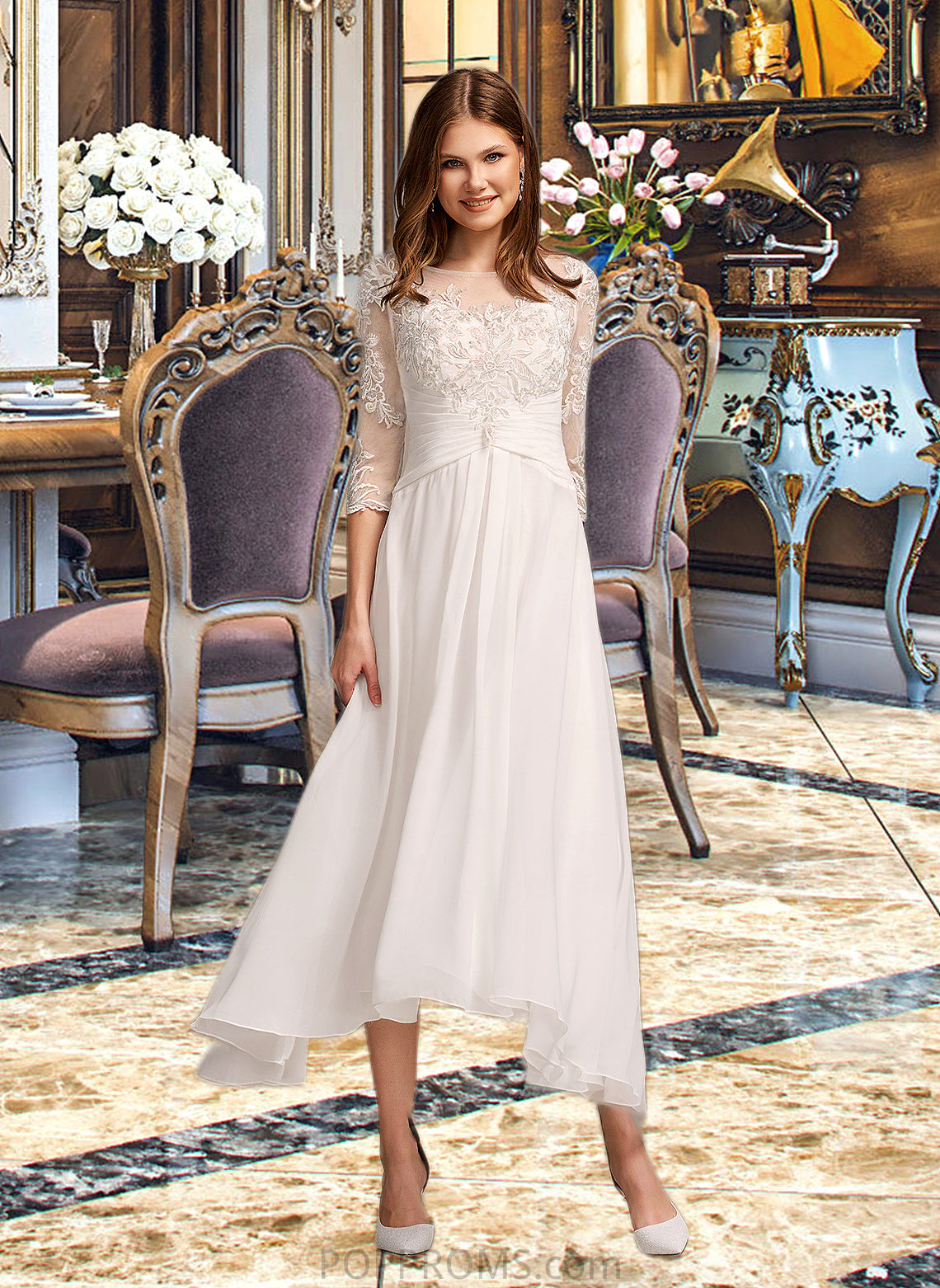 Shania A-Line Illusion Asymmetrical Wedding Dress With Lace PP6P0013749