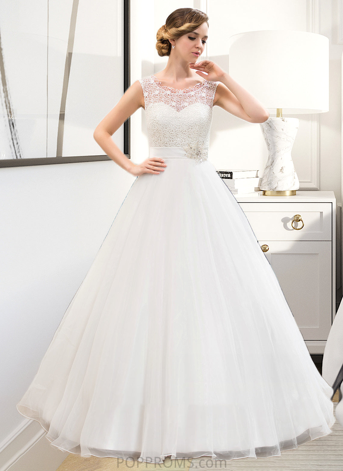 Haylee Ball-Gown/Princess Scoop Neck Sweep Train Organza Lace Wedding Dress With Beading Sequins PP6P0013751