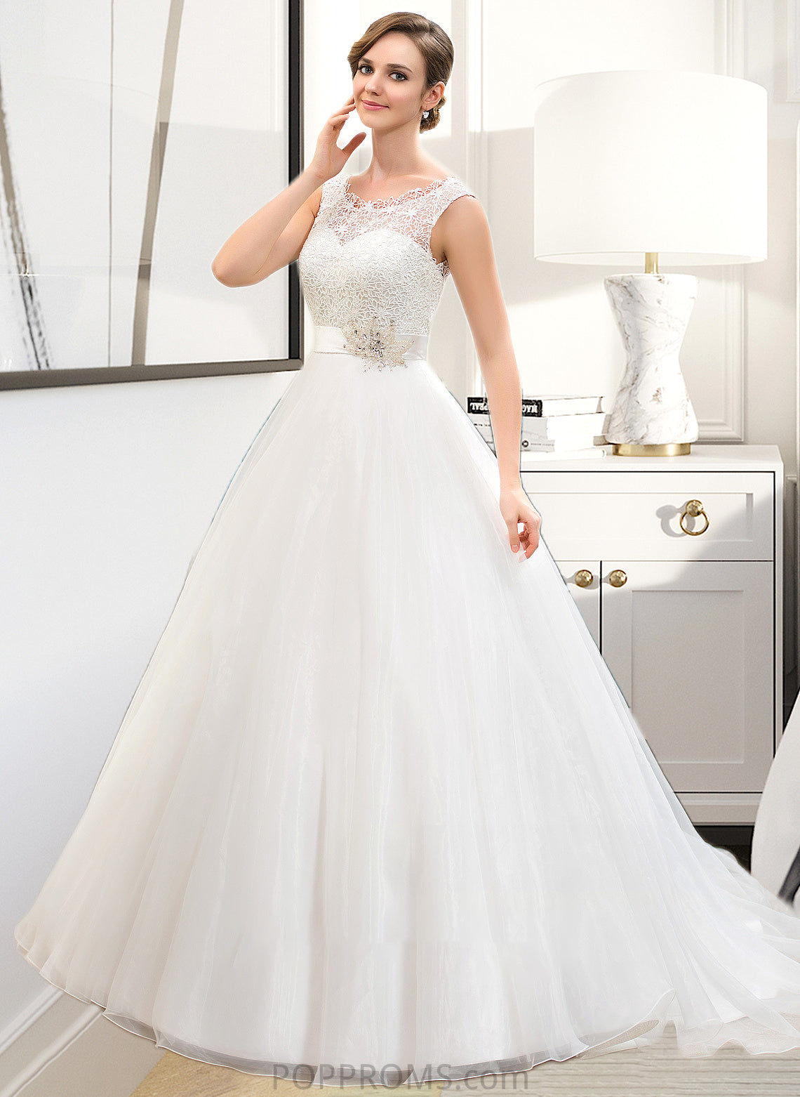 Haylee Ball-Gown/Princess Scoop Neck Sweep Train Organza Lace Wedding Dress With Beading Sequins PP6P0013751