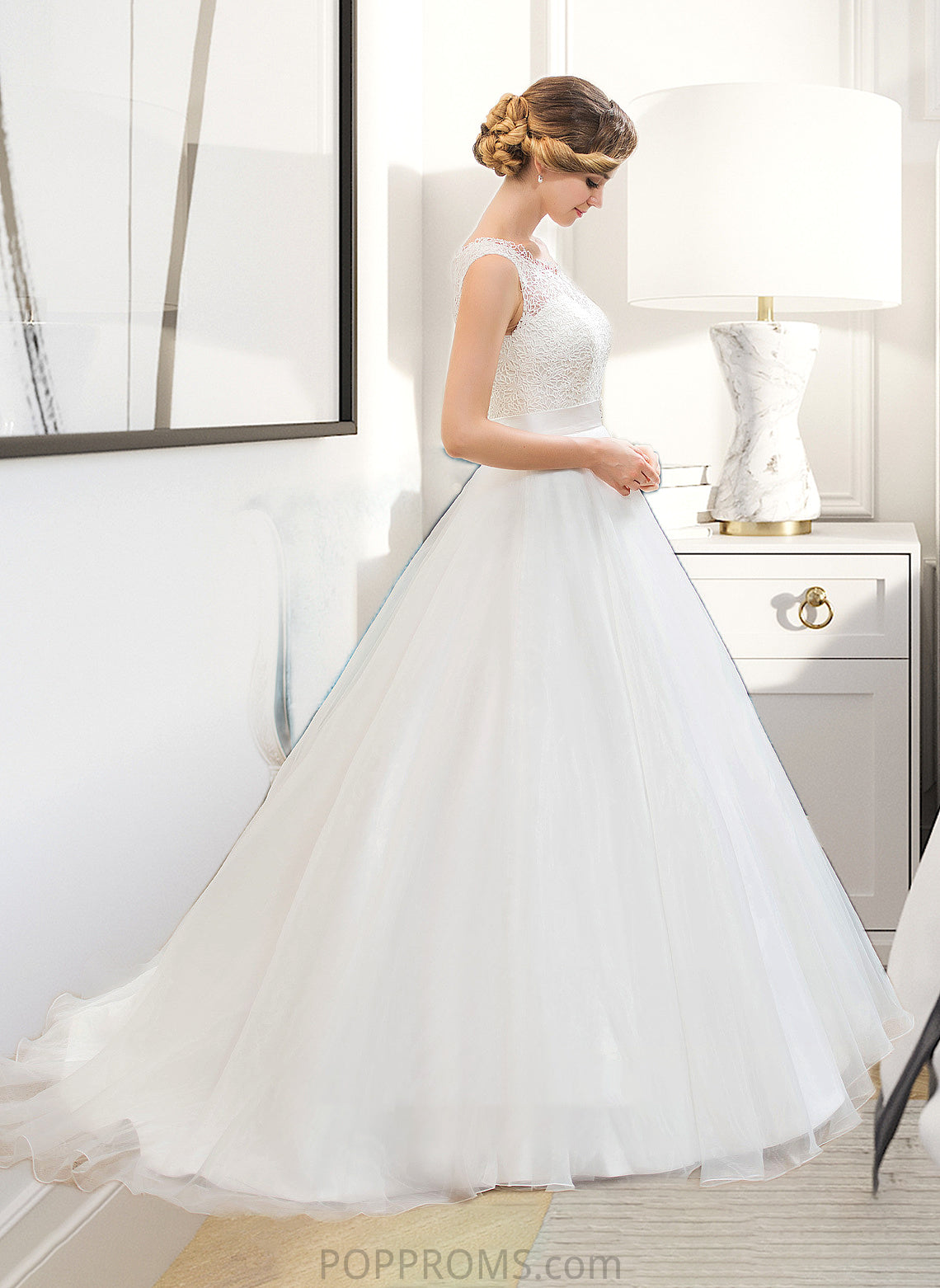 Haylee Ball-Gown/Princess Scoop Neck Sweep Train Organza Lace Wedding Dress With Beading Sequins PP6P0013751