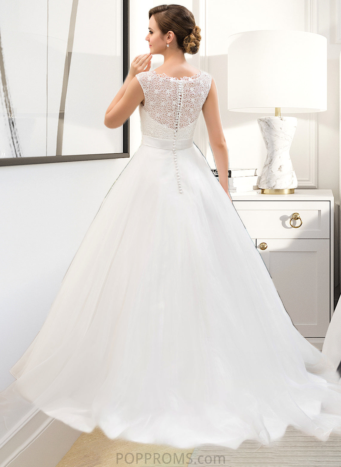 Haylee Ball-Gown/Princess Scoop Neck Sweep Train Organza Lace Wedding Dress With Beading Sequins PP6P0013751