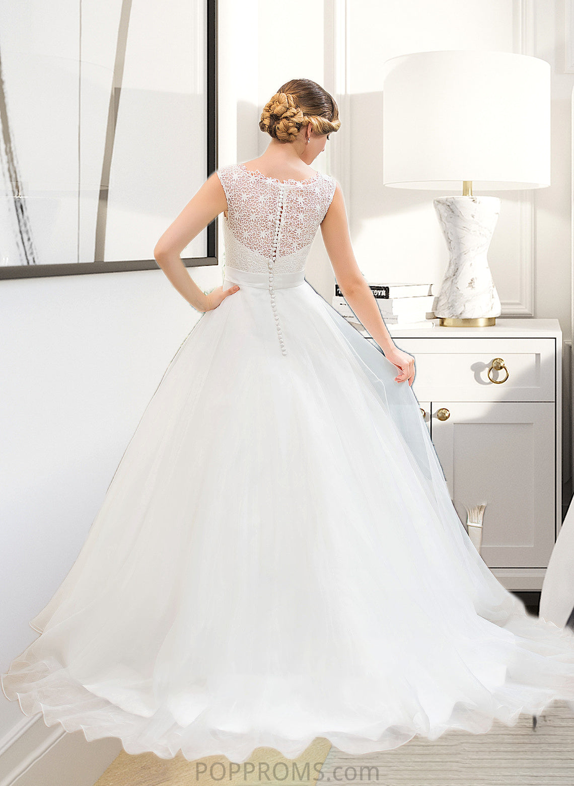 Haylee Ball-Gown/Princess Scoop Neck Sweep Train Organza Lace Wedding Dress With Beading Sequins PP6P0013751