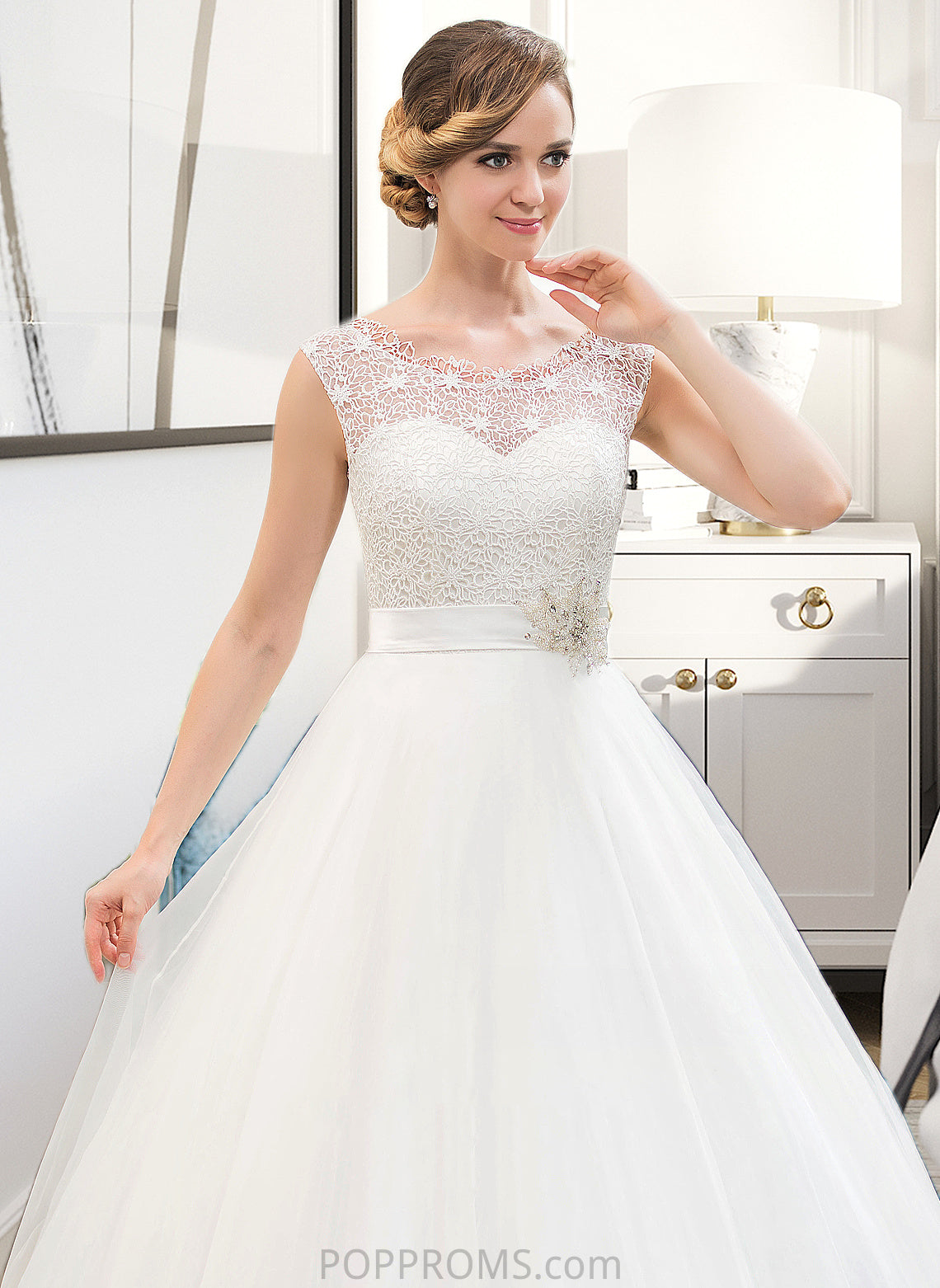 Haylee Ball-Gown/Princess Scoop Neck Sweep Train Organza Lace Wedding Dress With Beading Sequins PP6P0013751