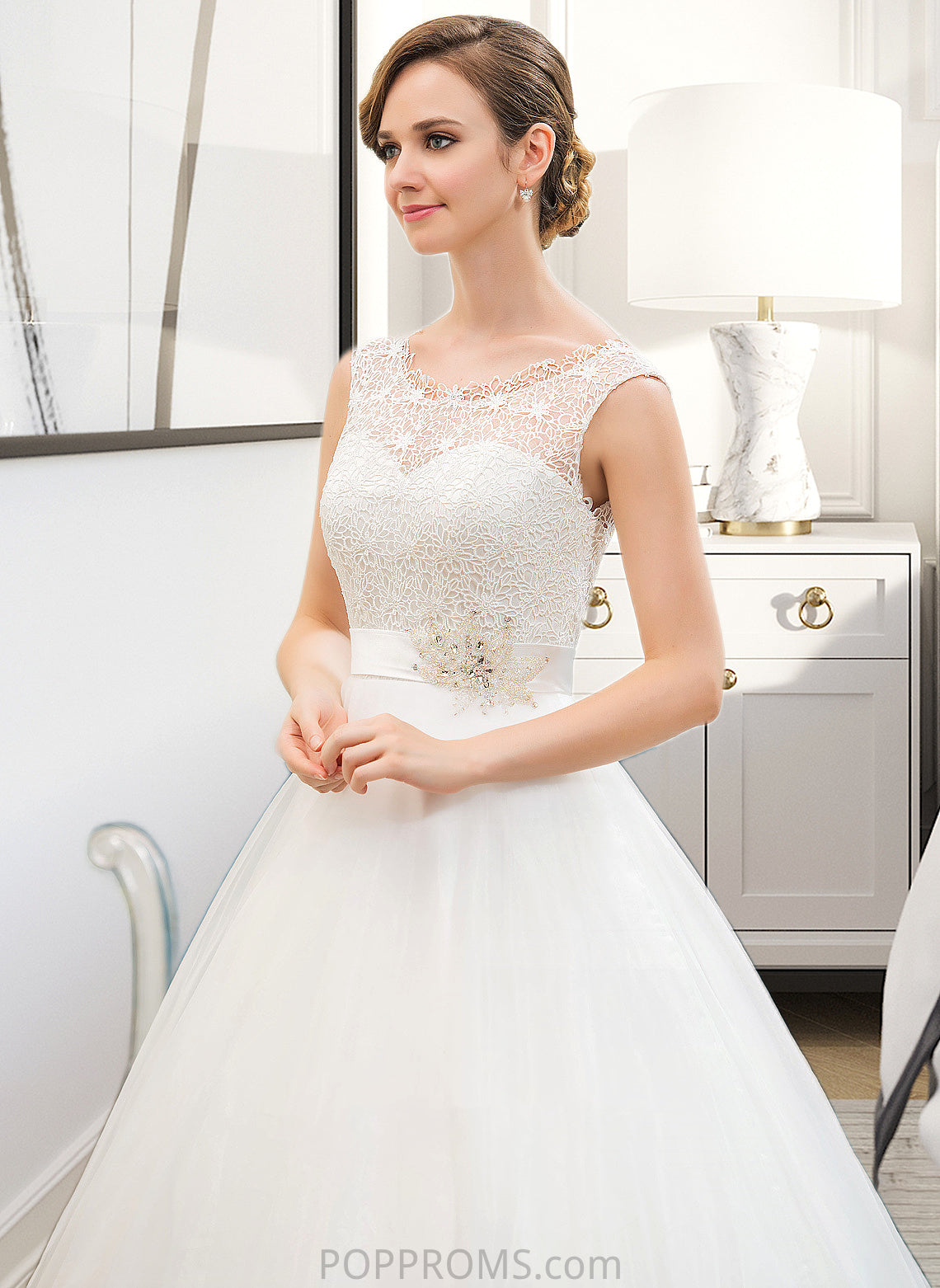 Haylee Ball-Gown/Princess Scoop Neck Sweep Train Organza Lace Wedding Dress With Beading Sequins PP6P0013751