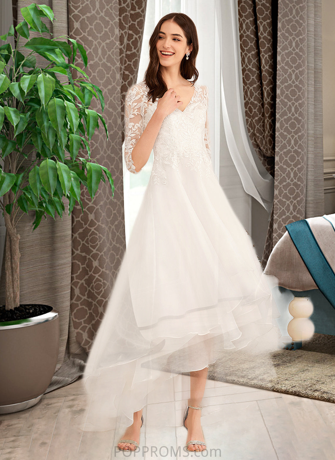 Sherry A-Line V-neck Asymmetrical Wedding Dress With Beading Sequins PP6P0013755