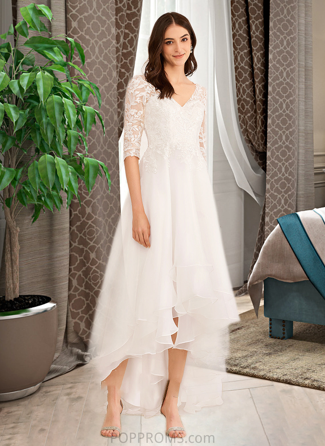 Sherry A-Line V-neck Asymmetrical Wedding Dress With Beading Sequins PP6P0013755