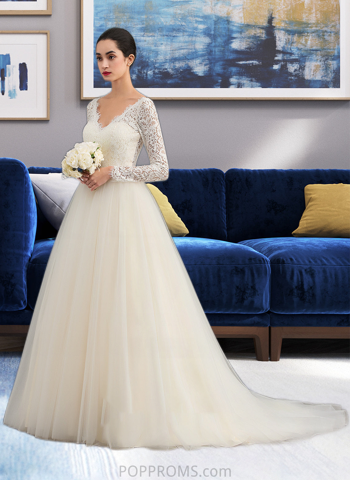 Sibyl Ball-Gown/Princess V-neck Court Train Tulle Lace Wedding Dress PP6P0013756