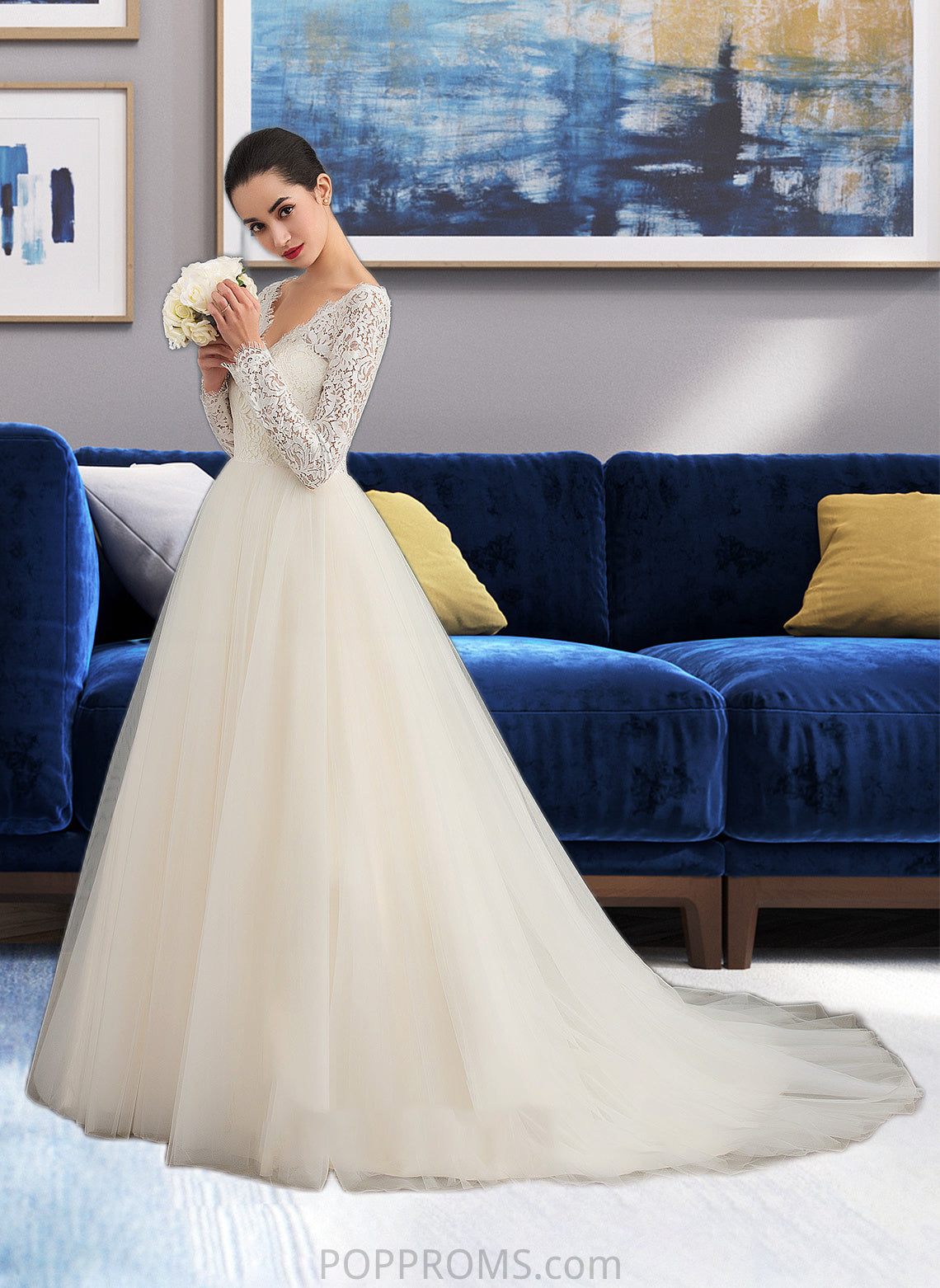 Sibyl Ball-Gown/Princess V-neck Court Train Tulle Lace Wedding Dress PP6P0013756