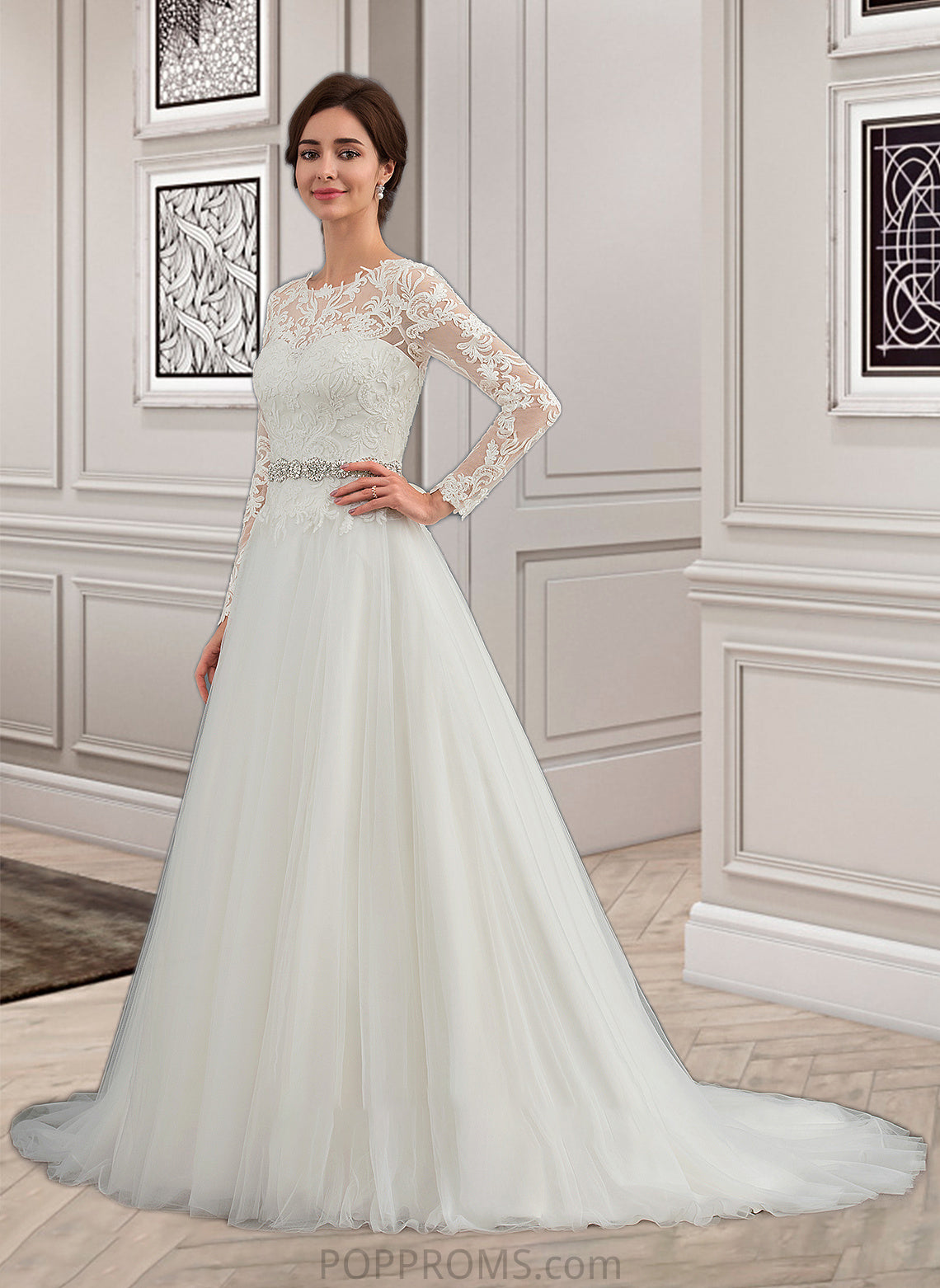 Bella Ball-Gown/Princess Scoop Neck Sweep Train Tulle Wedding Dress PP6P0013759