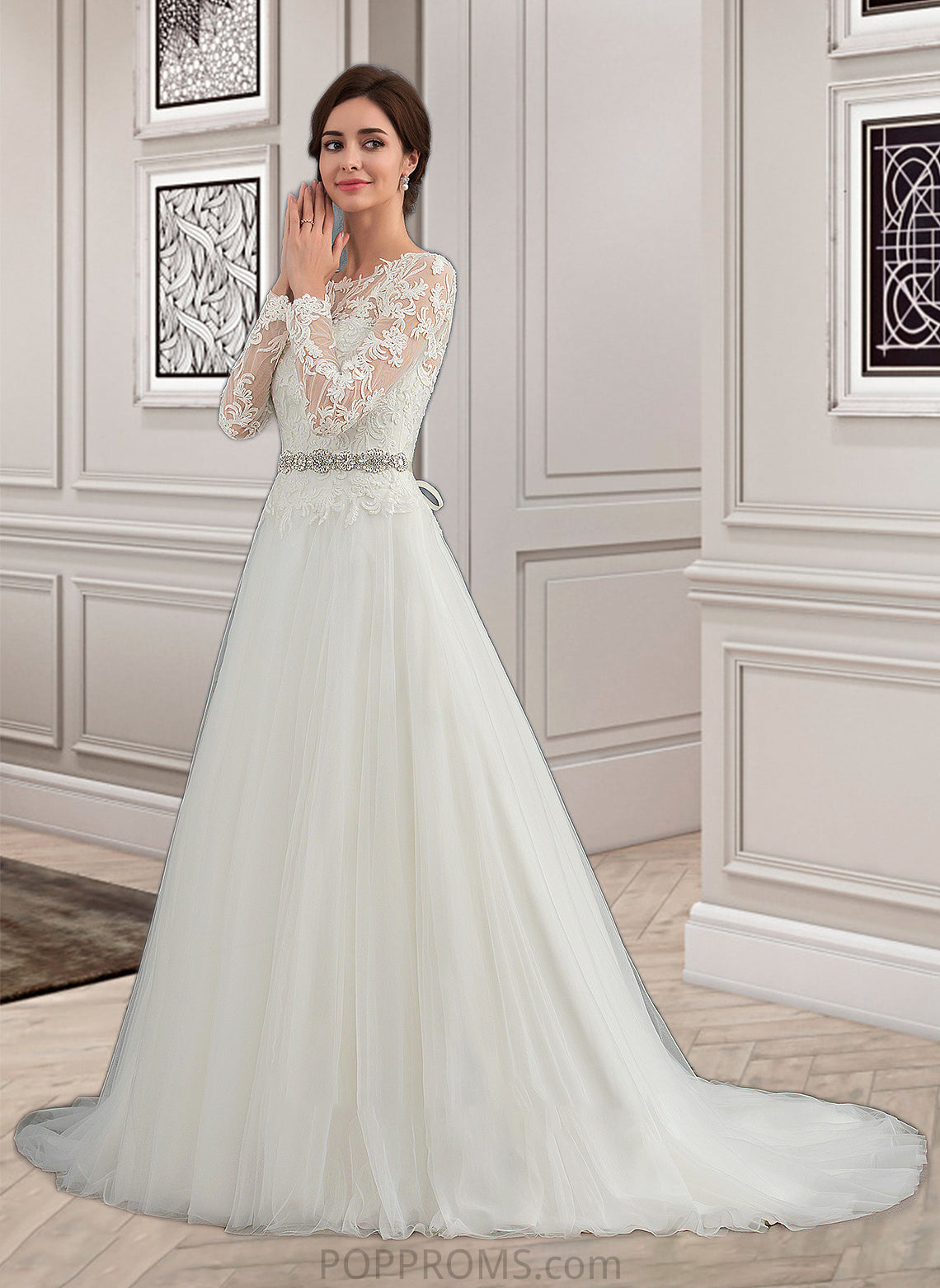 Bella Ball-Gown/Princess Scoop Neck Sweep Train Tulle Wedding Dress PP6P0013759